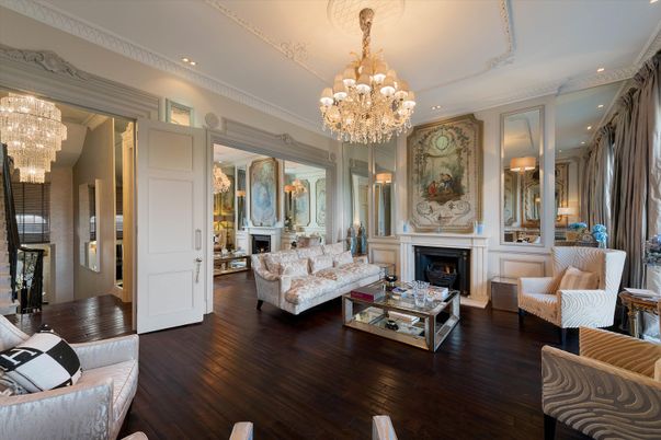 Chandelier, Fireplace, Interior, Living room, Recessed Lighting, Wood Texture Flooring