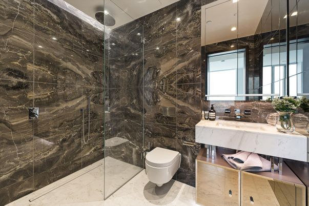 Bathroom, Glass Shower, Interior, Marble, Marble Walls, Recessed Lighting