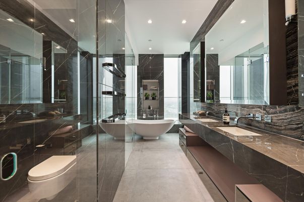 Bathroom, Dual Sink Vanities, Free Standing Baths, Glass Shower, Interior, Marble Walls, Recessed Lighting
