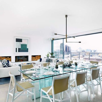 Dining room, Fireplace, Interior, Living room, Pendant Lights, Recessed Lighting