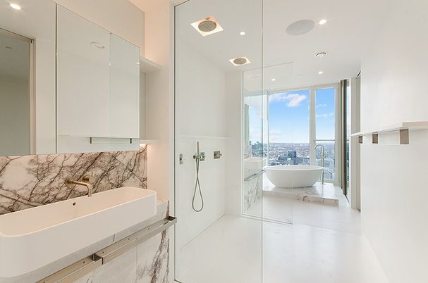 Bathroom, Free Standing Baths, Glass Shower, Interior, Marble, Marble Walls, Recessed Lighting