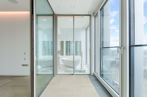 Bathroom, Free Standing Baths, Interior, Recessed Lighting, Wood Texture Flooring