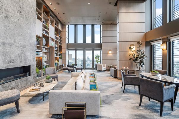 Dining room, Fireplace, Interior, Living room, Recessed Lighting, Wood Texture Flooring