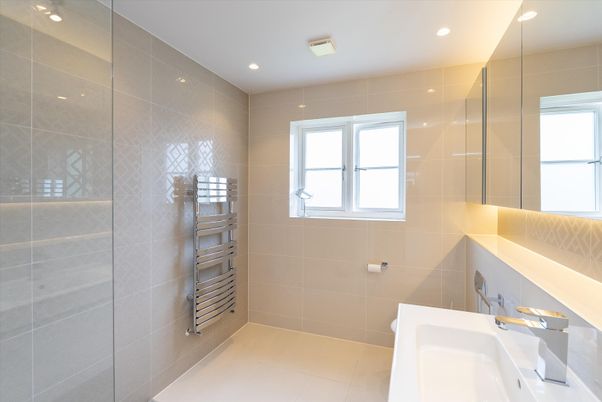 Bathroom, Glass Shower, Interior, Recessed Lighting