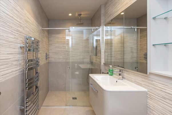 Bathroom, Glass Shower, Interior, Recessed Lighting