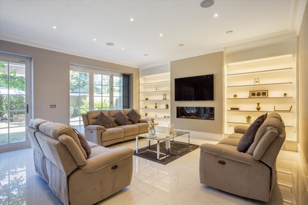 Fireplace, Interior, Living room, Marble, Recessed Lighting