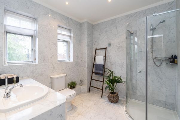 Bathroom, Glass Shower, Interior, Marble, Marble Walls, Recessed Lighting