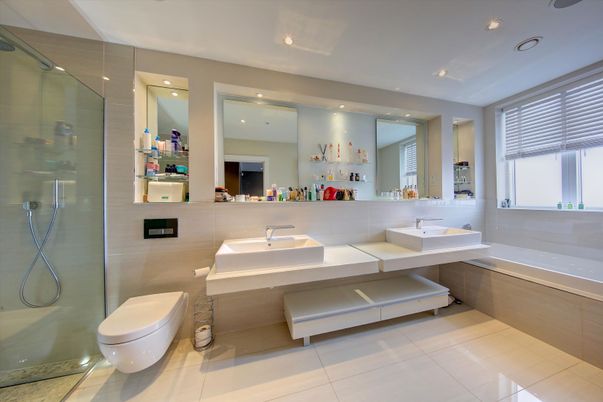 Bathroom, Dual Sink Vanities, Glass Shower, Interior, Recessed Lighting