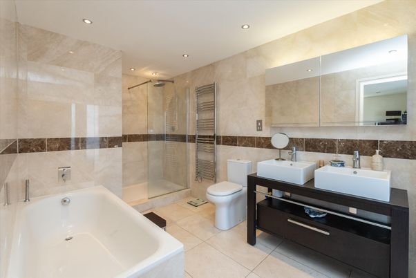 Bathroom, Dual Sink Vanities, Glass Shower, Interior, Recessed Lighting