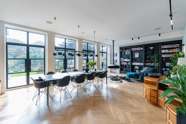 Dining room, Interior, Living room, Pendant Lights, Wood Texture Flooring