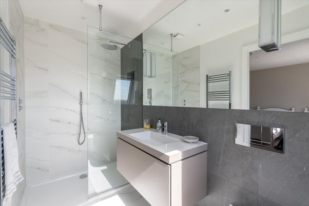 Bathroom, Glass Shower, Interior, Marble Walls, Recessed Lighting