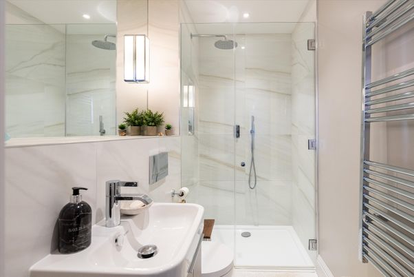 Bathroom, Glass Shower, Interior, Marble Walls, Recessed Lighting