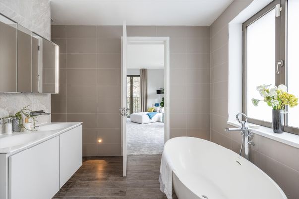 Bathroom, Free Standing Baths, Interior, Wood Texture Flooring