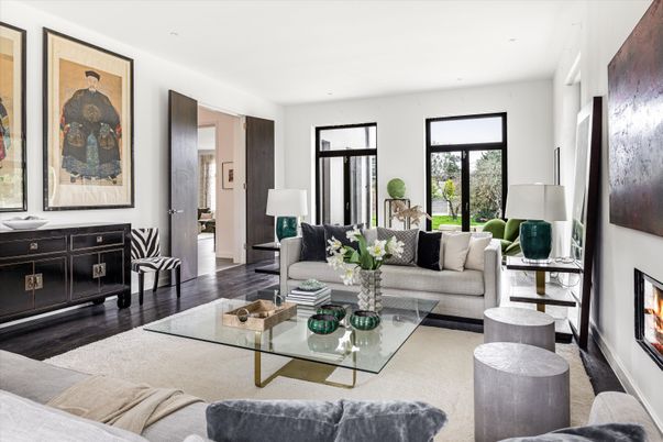 Fireplace, Interior, Living room, Recessed Lighting, Wood Texture Flooring