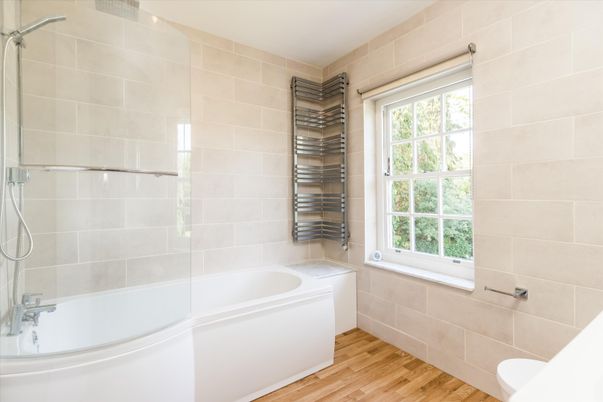 Bathroom, Glass Shower, Interior, Wood Texture Flooring