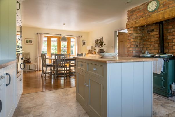 Dining room, Interior, Kitchen, Pendant Lights, Stone Walls, Wood Texture Flooring