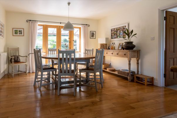 Dining room, Interior, Pendant Lights, Wood Texture Flooring