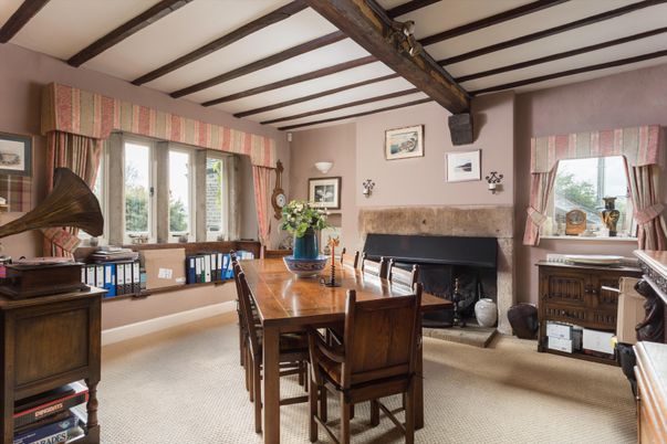 Dining room, Fireplace, Interior, Wooden Beams
