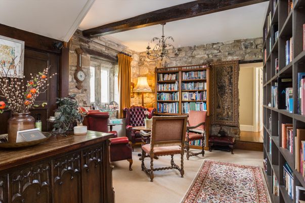 Chandelier, Home Office, Interior, Stone Walls, Wooden Beams