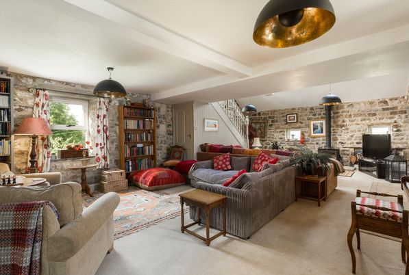 Fireplace, Interior, Living room, Pendant Lights, Stone Walls