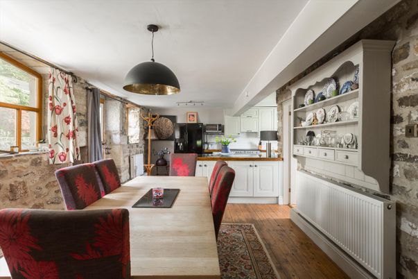 Dining room, Interior, Kitchen, Pendant Lights, Wood Texture Flooring