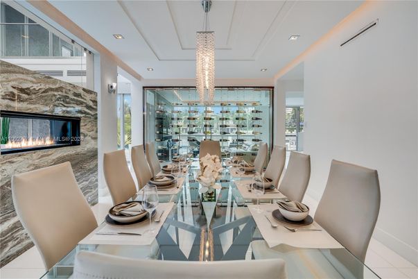 Chandelier, Dining room, Fireplace, Interior, Recessed Lighting