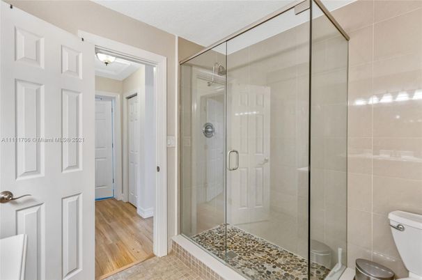 Bathroom, Glass Shower, Interior, Wood Texture Flooring