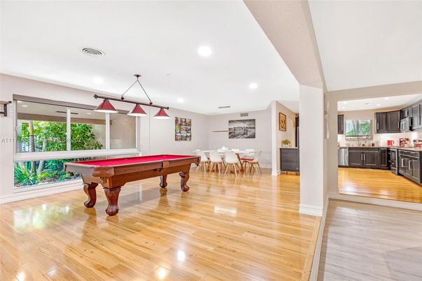 Billiard Table, Dining room, Game Room, Interior, Kitchen, Pendant Lights, Recessed Lighting, Wood Texture Flooring