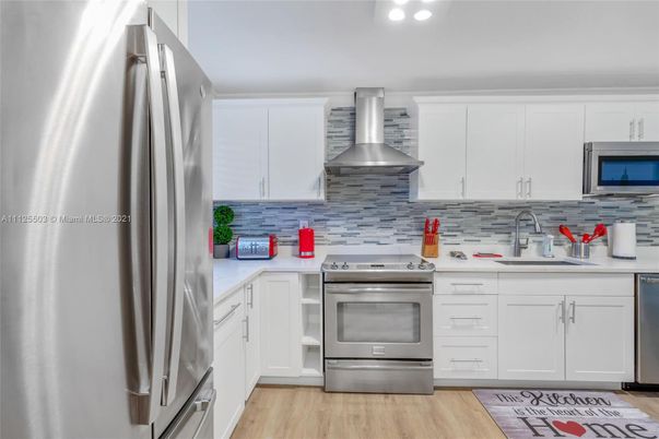 Interior, Kitchen, Recessed Lighting, Stainless Steel Appliances, Wood Texture Flooring