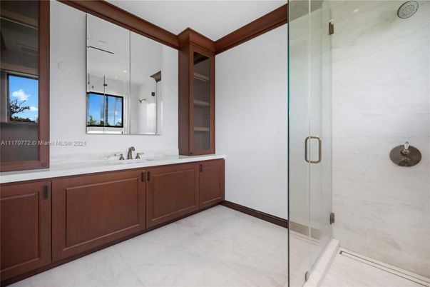 Bathroom, Glass Shower, Interior, Marble, Marble Walls, Recessed Lighting