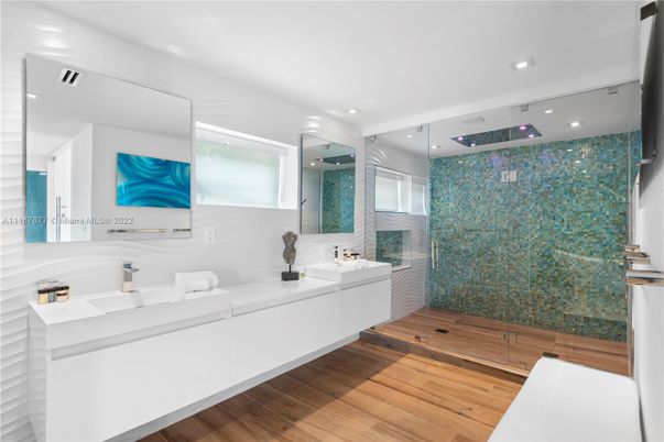 Bathroom, Glass Shower, Interior, Recessed Lighting, Wood Texture Flooring