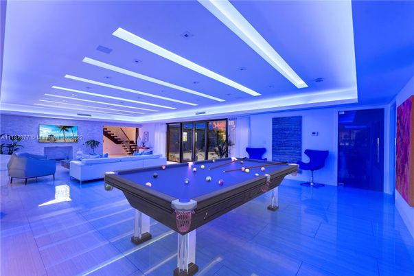 Billiard Table, Game Room, Interior, Living room, Recessed Lighting, Stone Walls, Wood Texture Flooring