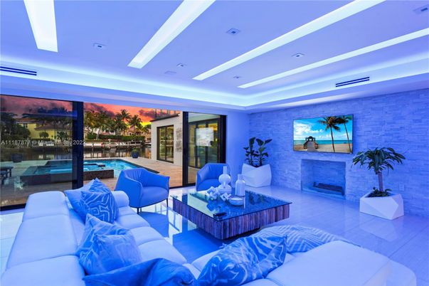Fireplace, Interior, Living room, Recessed Lighting, Stone Walls