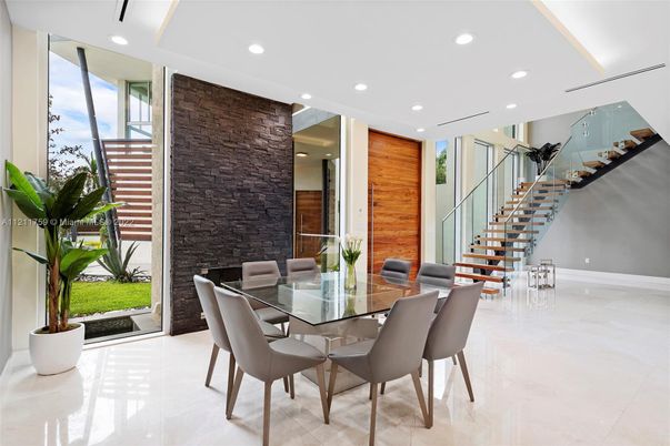 Dining room, Interior, Recessed Lighting, Stone Walls