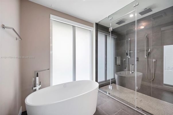 Bathroom, Free Standing Baths, Glass Shower, Interior, Recessed Lighting