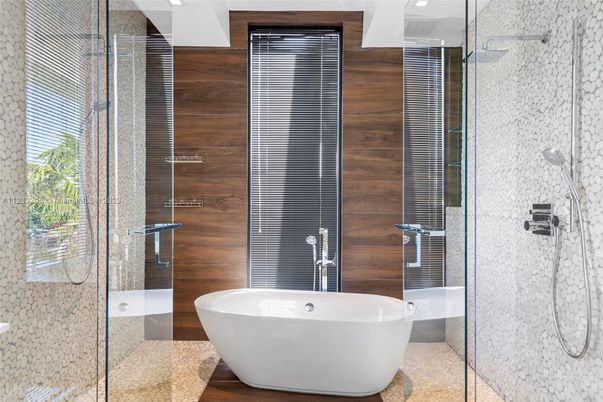 Bathroom, Free Standing Baths, Glass Shower, Interior, Wooden Walls