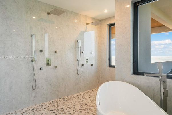 Bathroom, Free Standing Baths, Glass Shower, Interior, Recessed Lighting