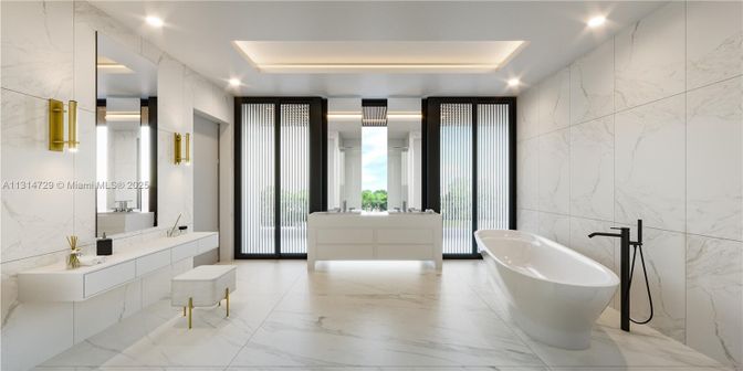 Bathroom, Dual Sink Vanities, Free Standing Baths, Interior, Marble, Marble Walls, Recessed Lighting