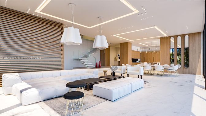 Dining room, Interior, Kitchen, Living room, Marble, Pendant Lights, Recessed Lighting