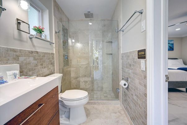 Bathroom, Bedroom, Glass Shower, Interior, Recessed Lighting, Stone Walls