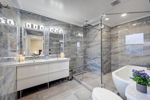 Bathroom, Dual Sink Vanities, Glass Shower, Interior, Recessed Lighting
