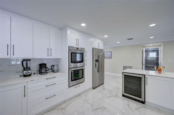 Interior, Kitchen, Marble, Recessed Lighting, Stainless Steel Appliances