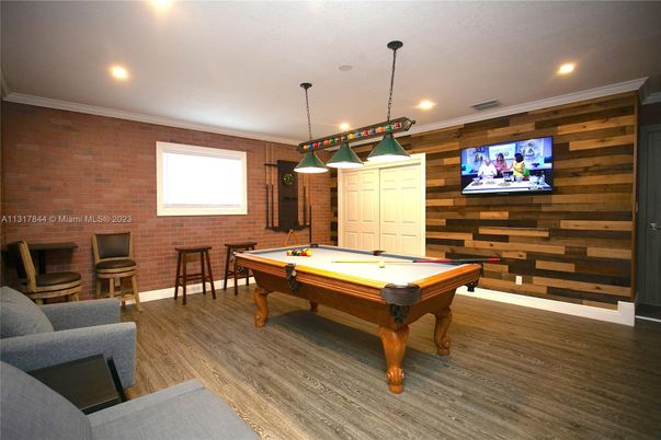 Billiard Table, Game Room, Interior, Pendant Lights, Recessed Lighting, Stone Walls, Wood Texture Flooring, Wooden Walls