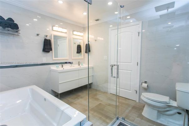 Bathroom, Glass Shower, Interior, Marble Walls, Recessed Lighting