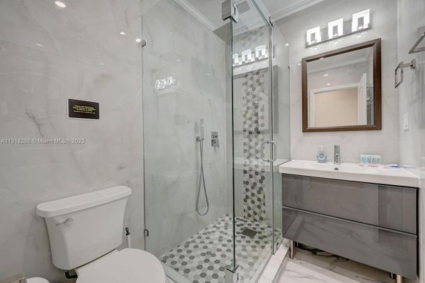 Bathroom, Glass Shower, Interior, Marble Walls, Recessed Lighting