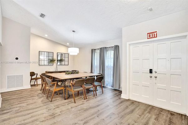 Dining room, Interior, Pendant Lights, Recessed Lighting, Wood Texture Flooring
