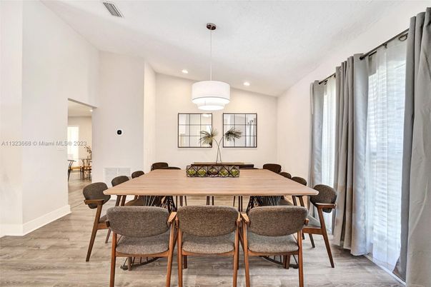 Dining room, Interior, Pendant Lights, Recessed Lighting, Wood Texture Flooring