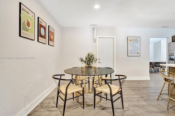 Dining room, Interior, Recessed Lighting, Wood Texture Flooring