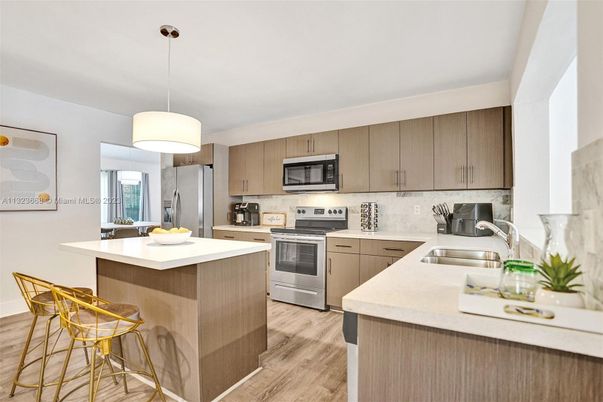 Interior, Kitchen, Pendant Lights, Stainless Steel Appliances, Wood Texture Flooring