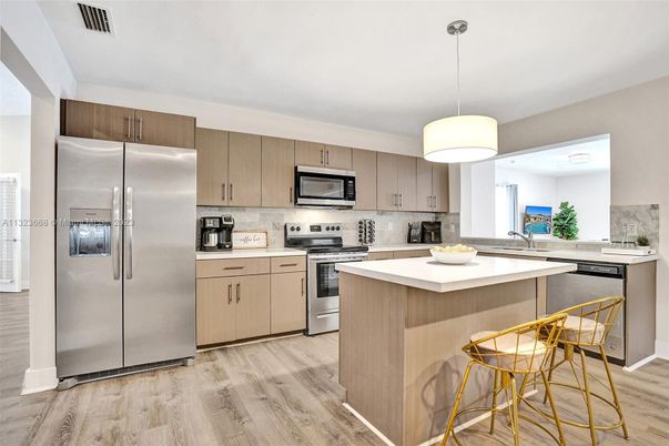Interior, Kitchen, Pendant Lights, Stainless Steel Appliances, Wood Texture Flooring